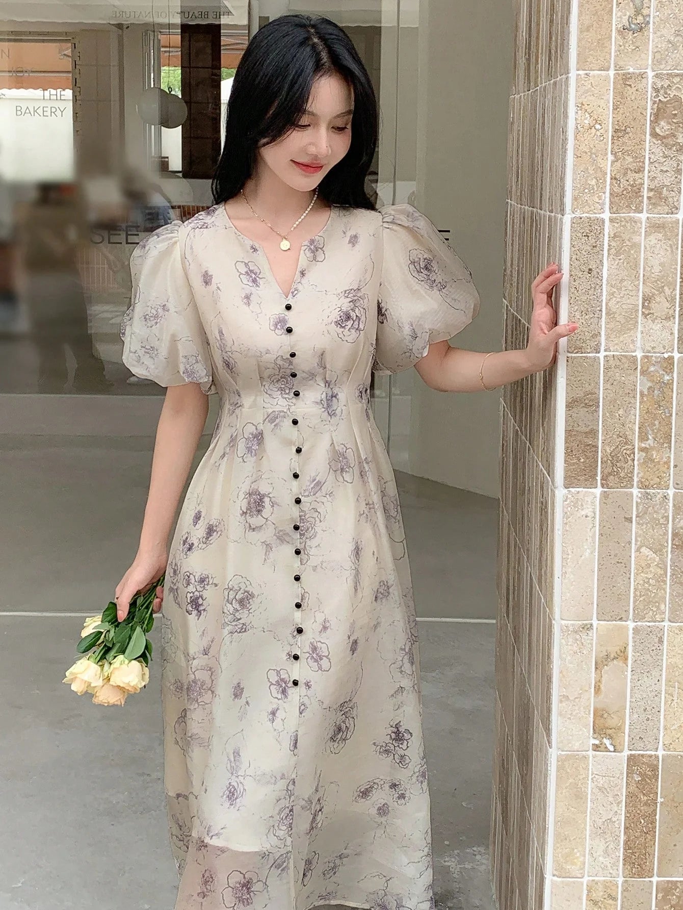 CM-DS062728 Women Elegant Seoul Style Floral Print Puff Sleeve Button Front Dress - Apricot