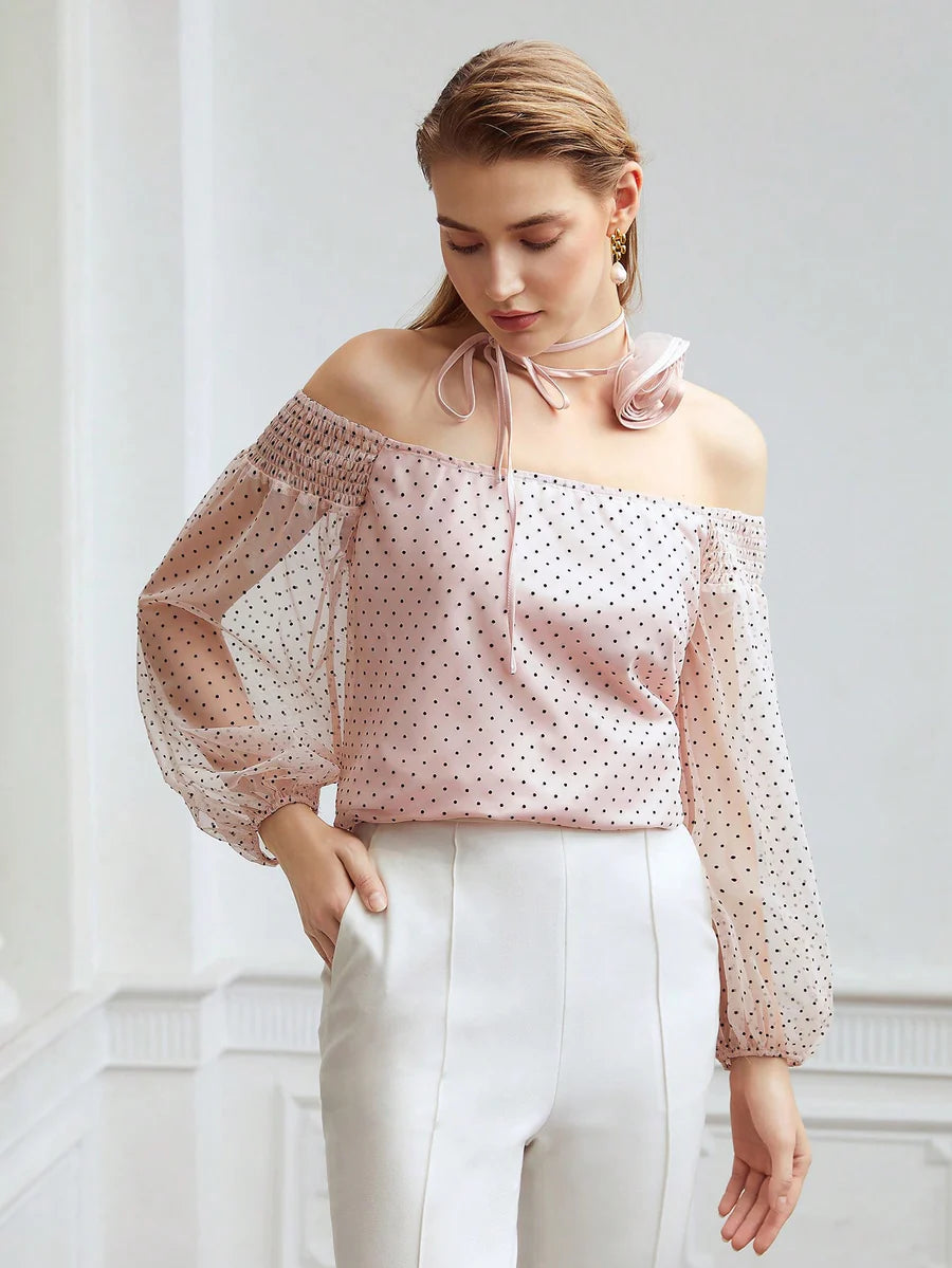 CM-TS195903 Women Elegant Seoul Style Off Shoulder Blouse With Rosette Ribbon - Baby Pink