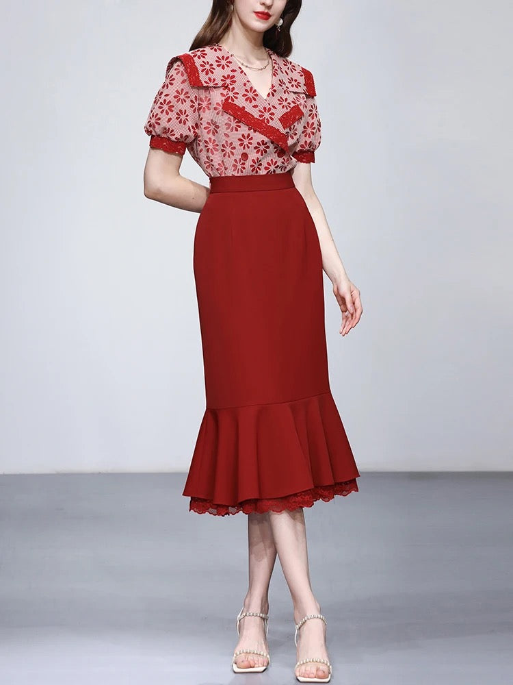 CM-SF051327 Women Elegant Euroepan Style Wraps Collar Floral Blouse With Fishtail Skirt - Set