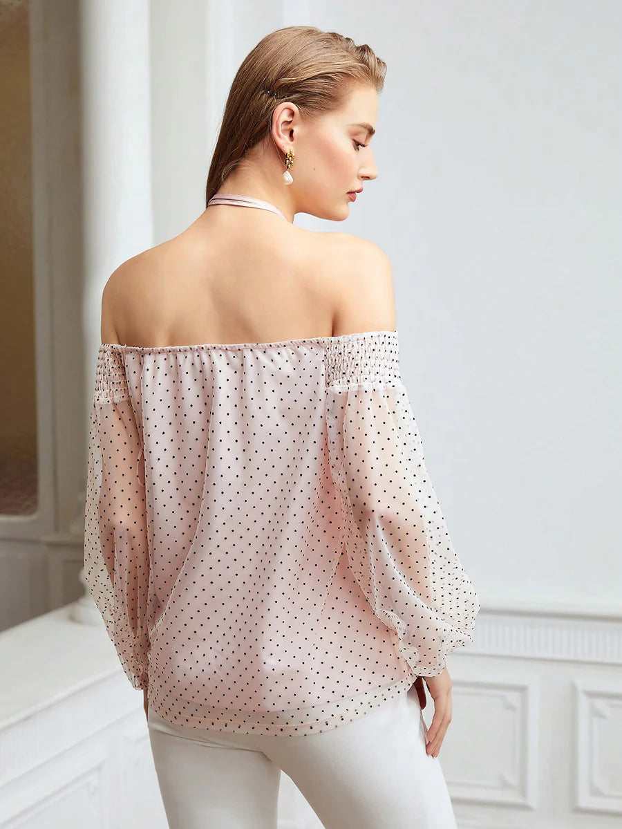 CM-TS195903 Women Elegant Seoul Style Off Shoulder Blouse With Rosette Ribbon - Baby Pink
