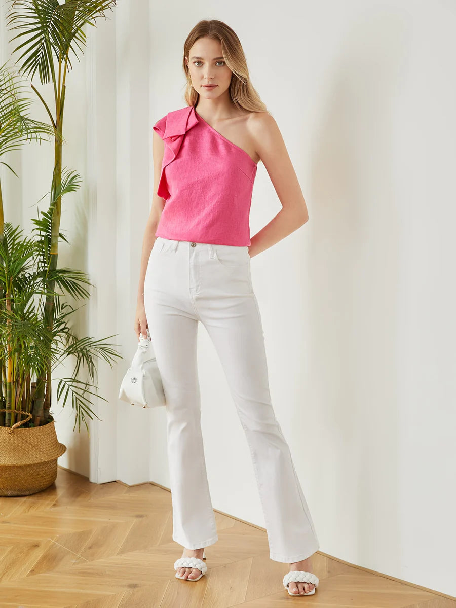 CM-TS075388 Women Casual Seoul Style Asymmetrical Neck One Shoulder Linen Blouse - Pink