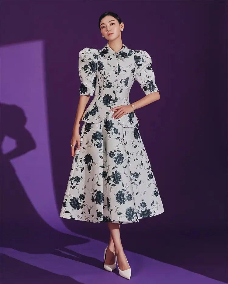 CM-SF052411 Women Retro Seoul Style Floral High Waist Puff Sleeve Dress Set