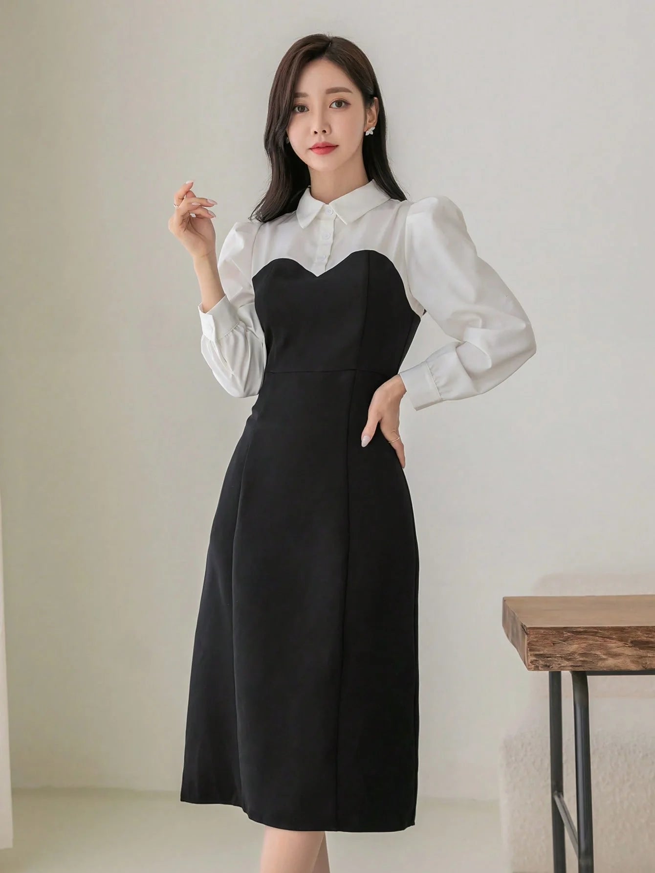 CM-DS888195 Women Elegant Seoul Style Collar Neckline Two Tone Puff Sleeve Dress