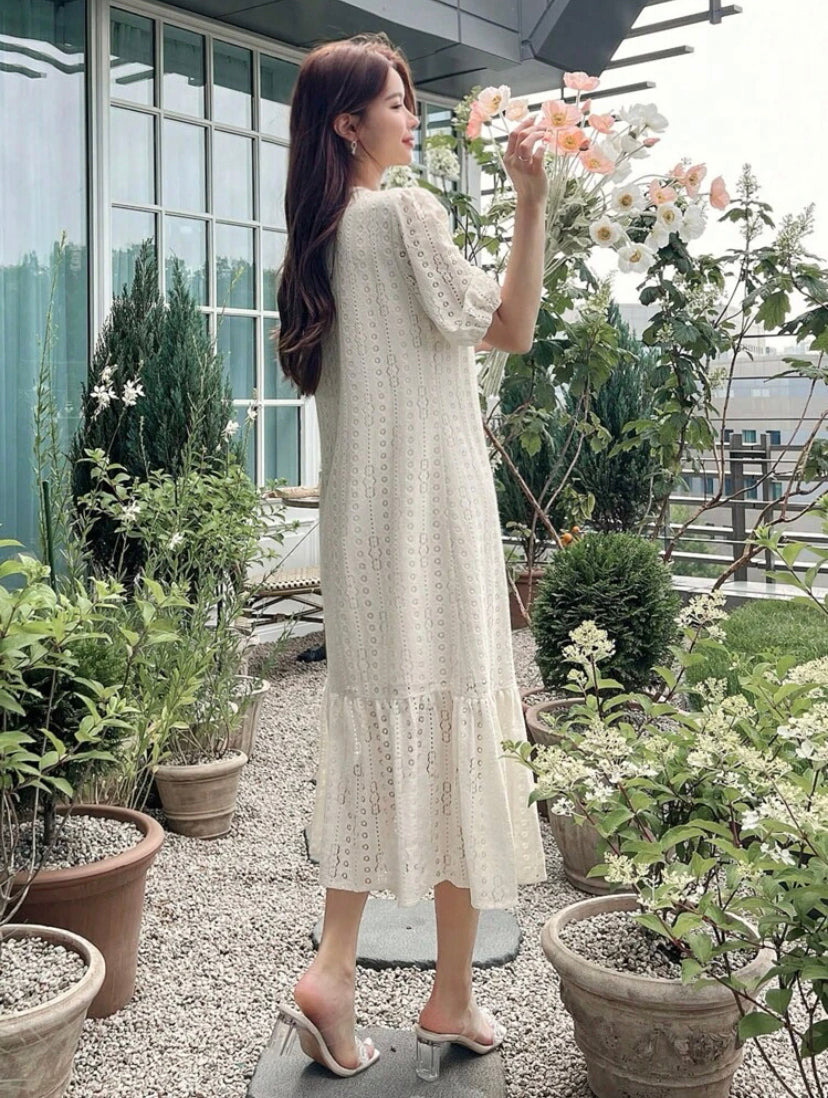 CM-DS322244 Women Elegant Seoul Style Puff Sleeve Ruffle Hem Smock Dress - Apricot
