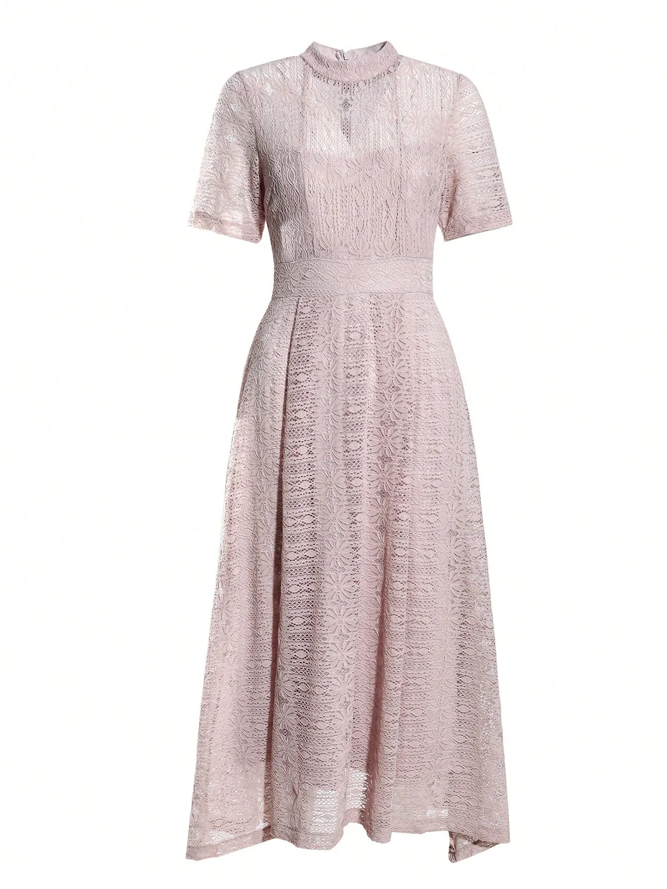 CM-DS357300 Women Elegant Seoul Style Mock Neck Lace A-Line Dress - Pink