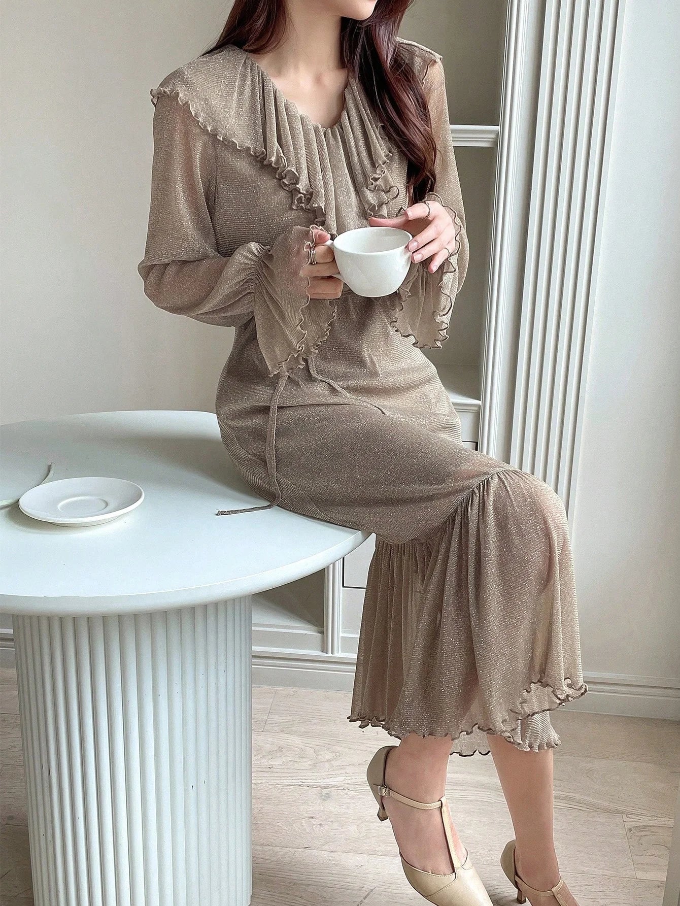 CM-DS367637 Women Elegant Seoul Style Ruffle Trim Flare Sleeve Ruffle Hem Belted Dress - Mocha Brown