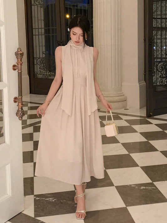 CM-DS634353 Women Elegant Seoul Style Stand Collar Sleeveless Solid Pleated Detail Dress