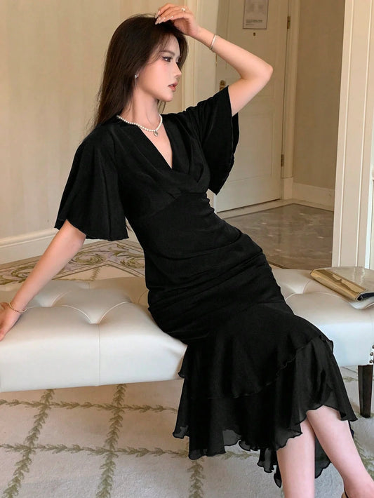 CM-DS464858 Women Elegant Seoul Style Surplice Neck Butterfly Sleeve Ruched Ruffle Hem Dress