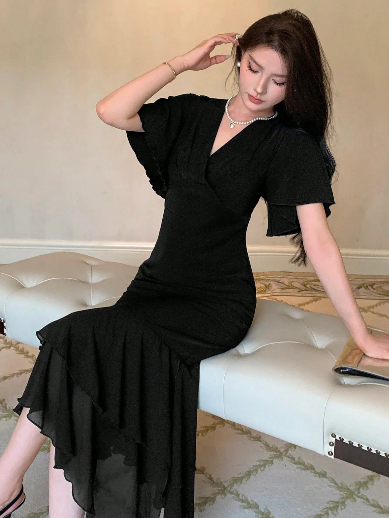 CM-DS464858 Women Elegant Seoul Style Surplice Neck Butterfly Sleeve Ruched Ruffle Hem Dress