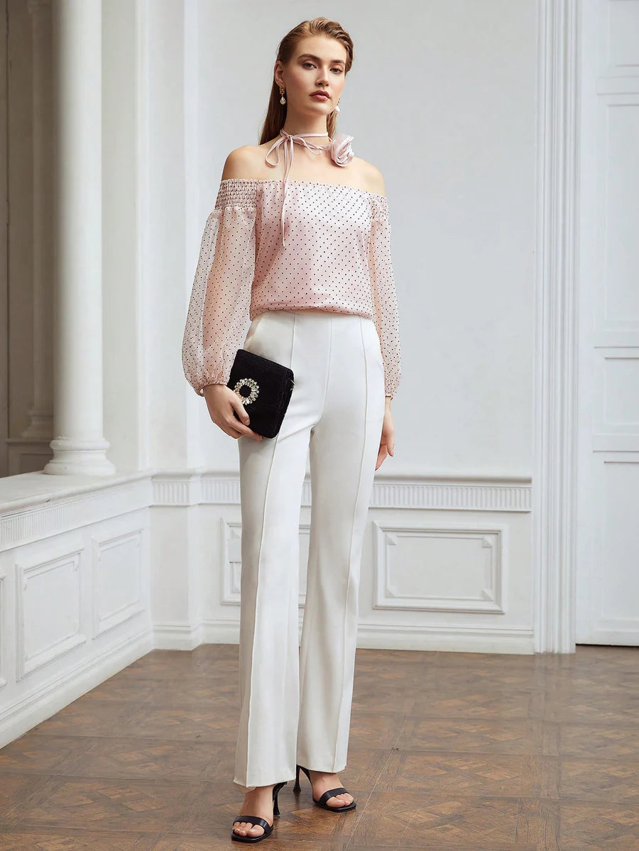 CM-TS195903 Women Elegant Seoul Style Off Shoulder Blouse With Rosette Ribbon - Baby Pink