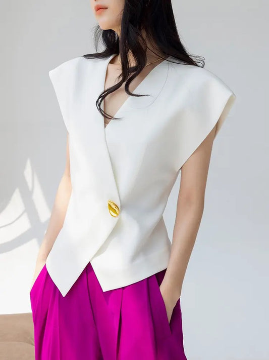 CM-TS001029 Women Casual Seoul Style V-Neck Slim Fit One Button Vest Top