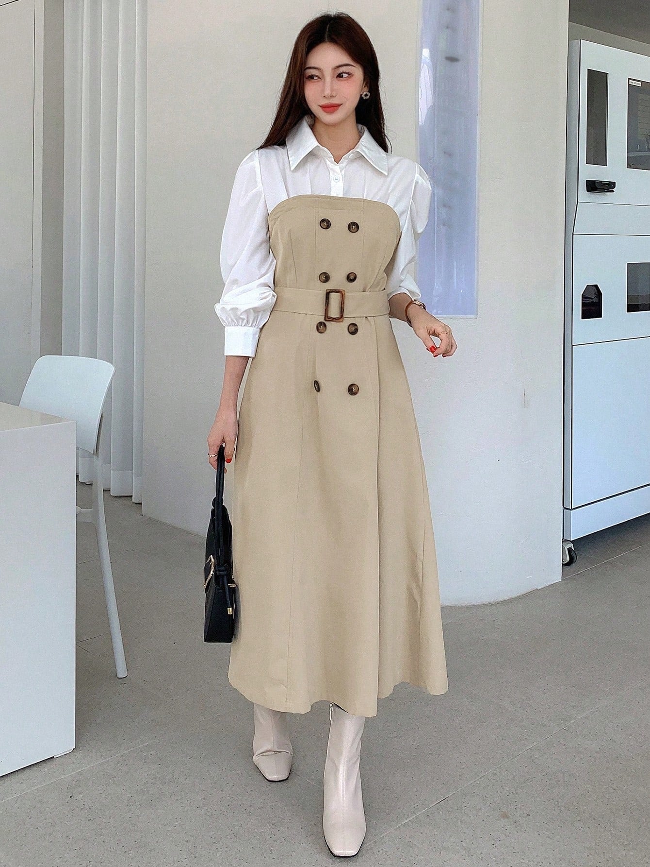 CM-DS396697 Women Elegant Seoul Style Two Tone Double Breasted Belted 2 In 1 Dress