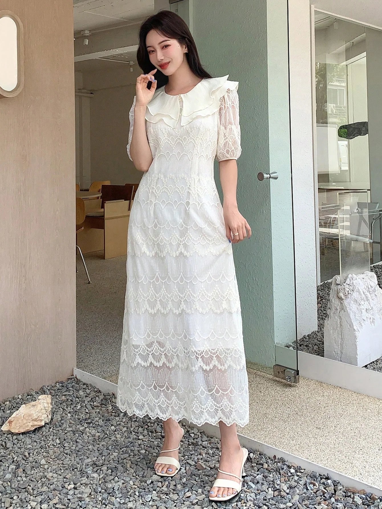 CM-DS996609 Women Elegant Seoul Style Puff Sleeve Ruffle Trim Lace Dress - Beige