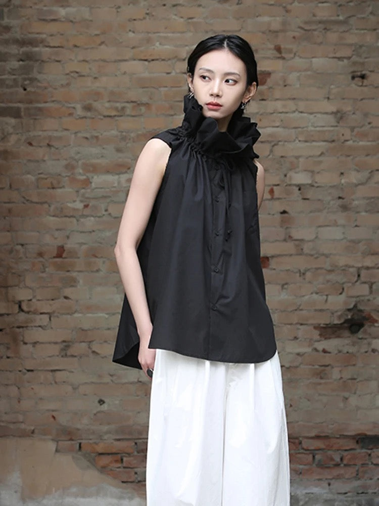 CM-TS001499 Women Elegant Seoul Style Stand Up Collar Pinched Floral Sleeveless Outer Top (Available in 2 colors)