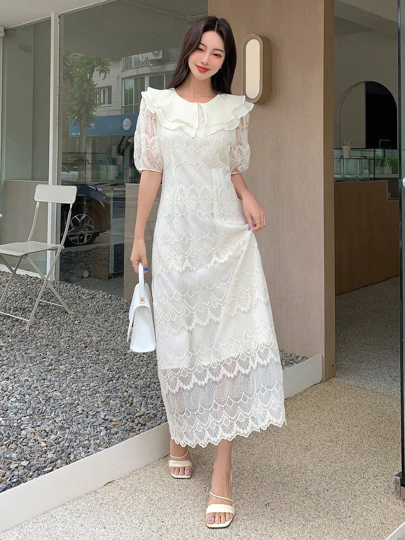 CM-DS996609 Women Elegant Seoul Style Puff Sleeve Ruffle Trim Lace Dress - Beige