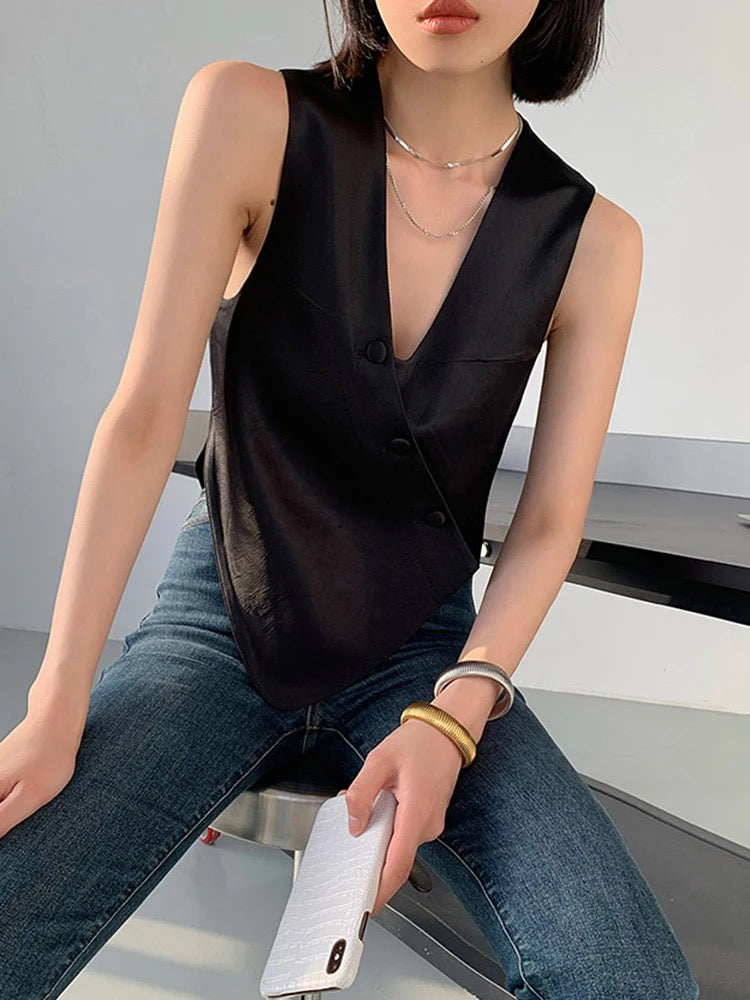 CM-TS011029 Women Chic Seoul Style Irregular V-Neck Slim Fit Vest Top - Black