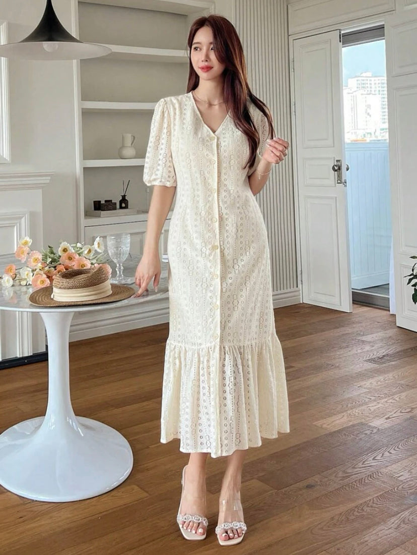 CM-DS322244 Women Elegant Seoul Style Puff Sleeve Ruffle Hem Smock Dress - Apricot