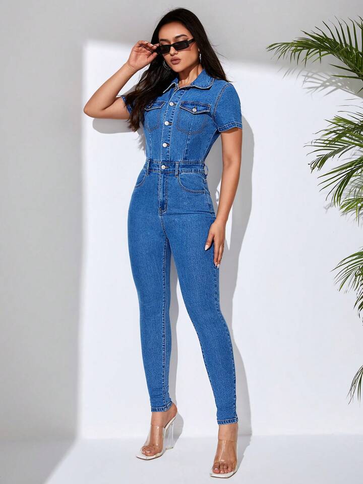 CM-JS923300 Women Casual Seoul Style Medium Wash Button Front Flap Pocket Denim Jumpsuit
