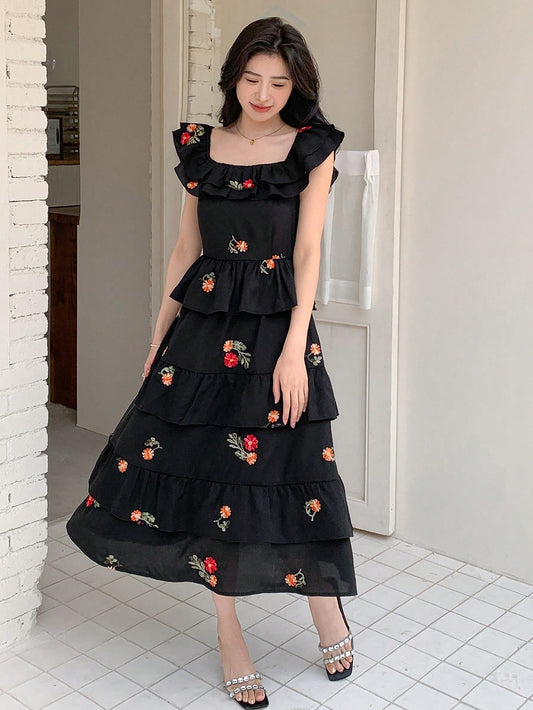 CM-DS614610 Women Trendy Bohemian Style Floral Embroidery Ruffle Trim Dress - Black