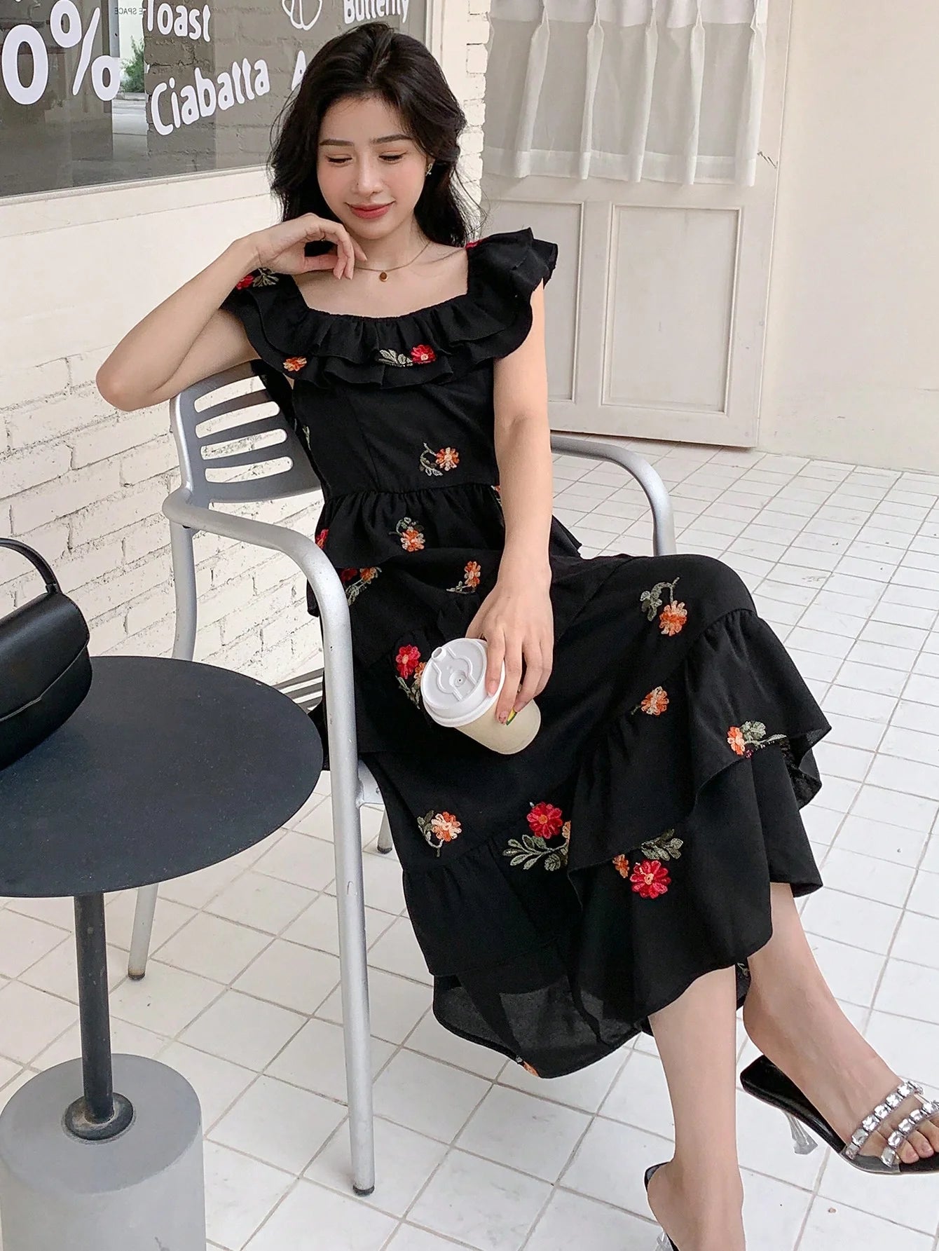 CM-DS614610 Women Trendy Bohemian Style Floral Embroidery Ruffle Trim Dress - Black