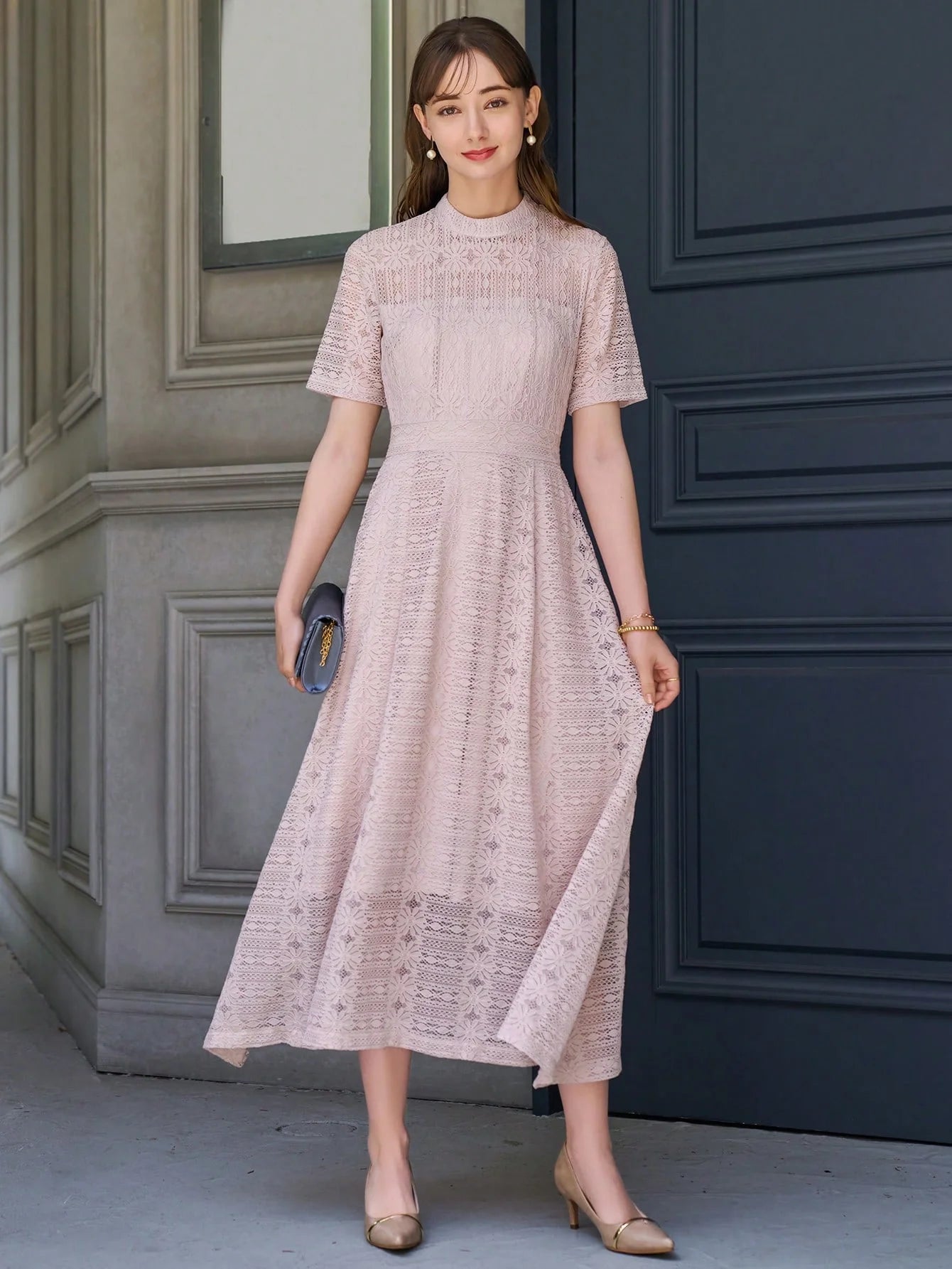 CM-DS357300 Women Elegant Seoul Style Mock Neck Lace A-Line Dress - Pink