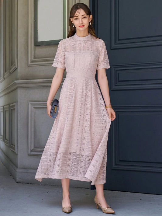 CM-DS357300 Women Elegant Seoul Style Mock Neck Lace A-Line Dress - Pink