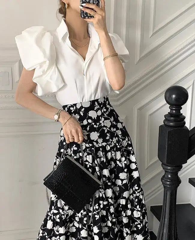 CM-TS446417 Women Elegant Seoul Style Solid Button Front Exaggerated Sleeve Shirt - White