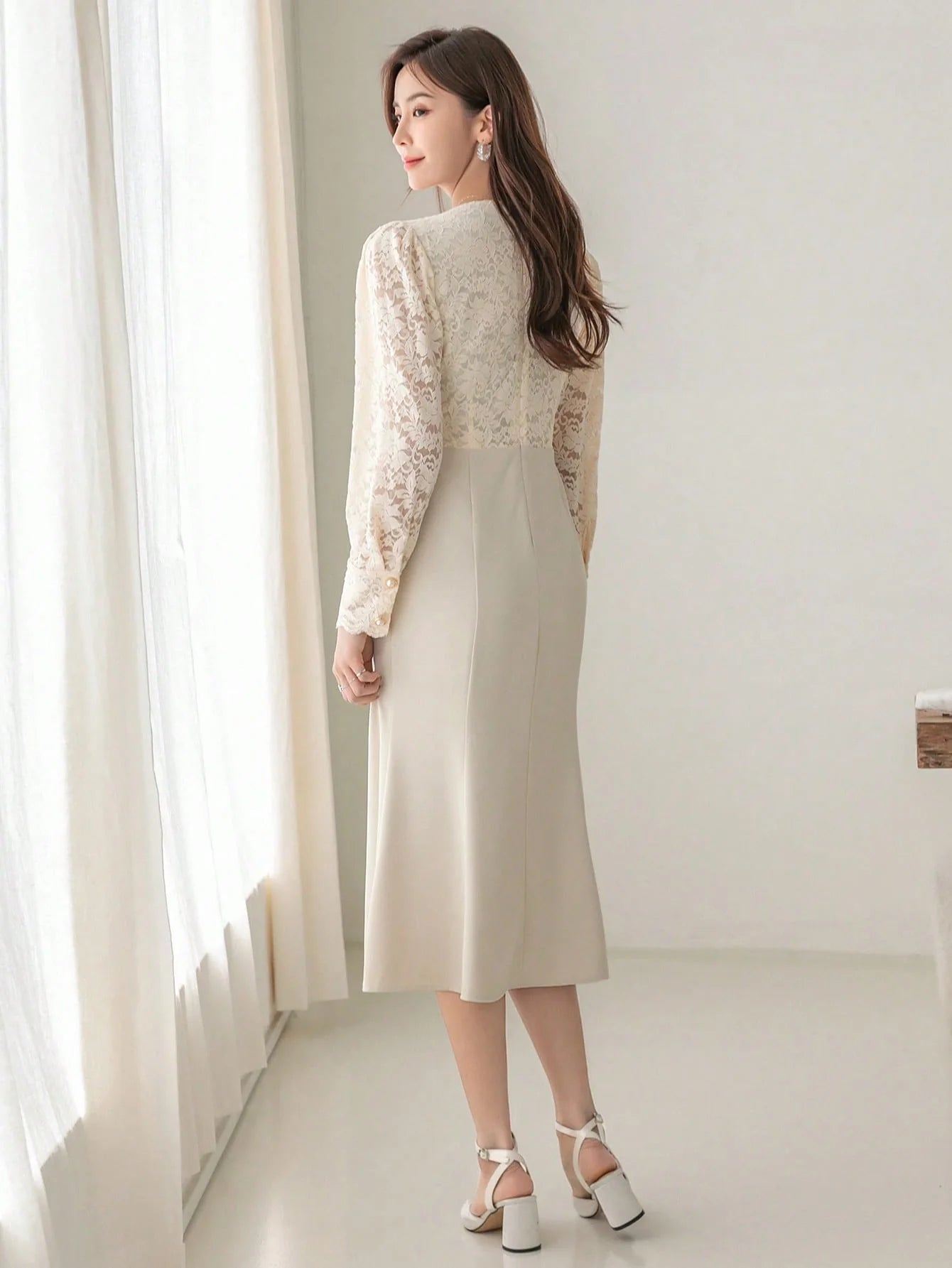 CM-DS827032 Women Elegant Seoul Style Contrast Lace Button Front Split Thigh Dress - Apricot