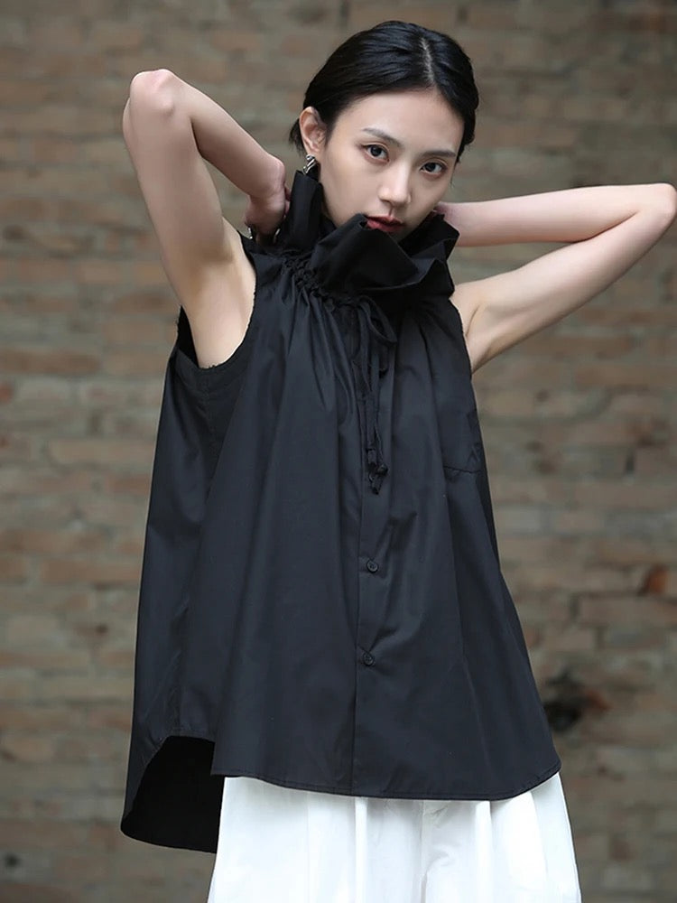 CM-TS001499 Women Elegant Seoul Style Stand Up Collar Pinched Floral Sleeveless Outer Top (Available in 2 colors)