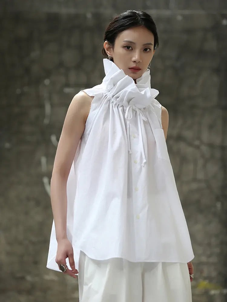CM-TS001499 Women Elegant Seoul Style Stand Up Collar Pinched Floral Sleeveless Outer Top (Available in 2 colors)