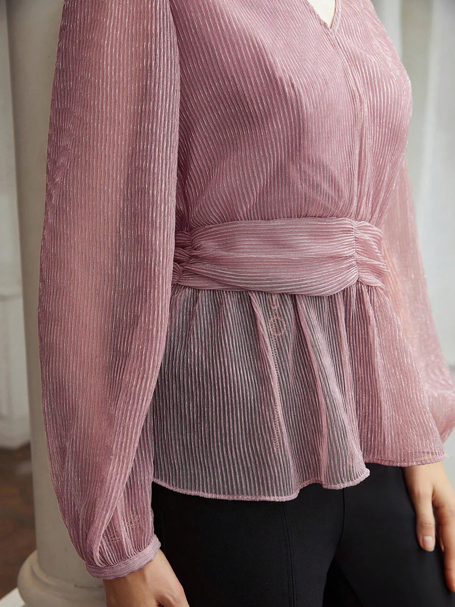 CM-TS151141 Women Elegant Seoul Style Glitter Tulle Peplum Blouse - Dusty Pink