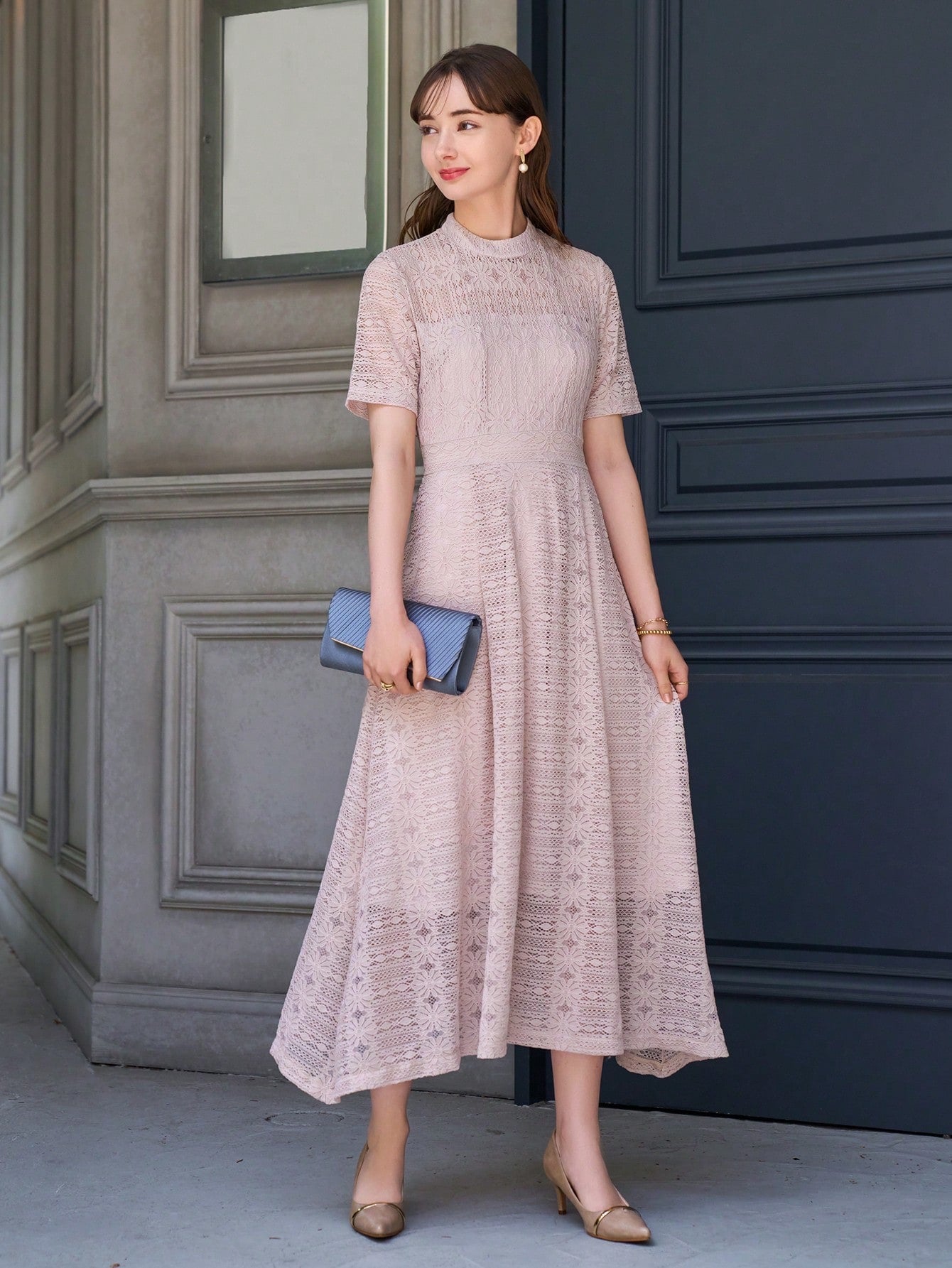 CM-DS357300 Women Elegant Seoul Style Mock Neck Lace A-Line Dress - Pink