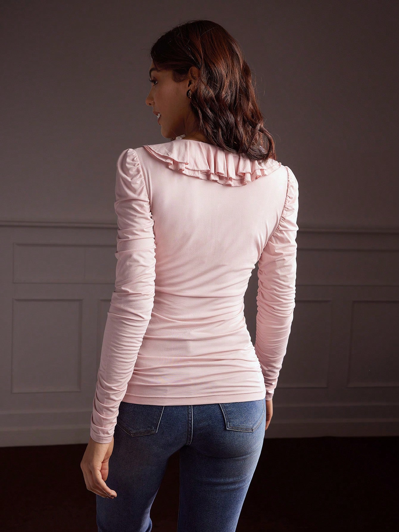 CM-TS686848 Women Casual Seoul Style V-Neck Ruched Ruffle Long Sleeve Top - Pink