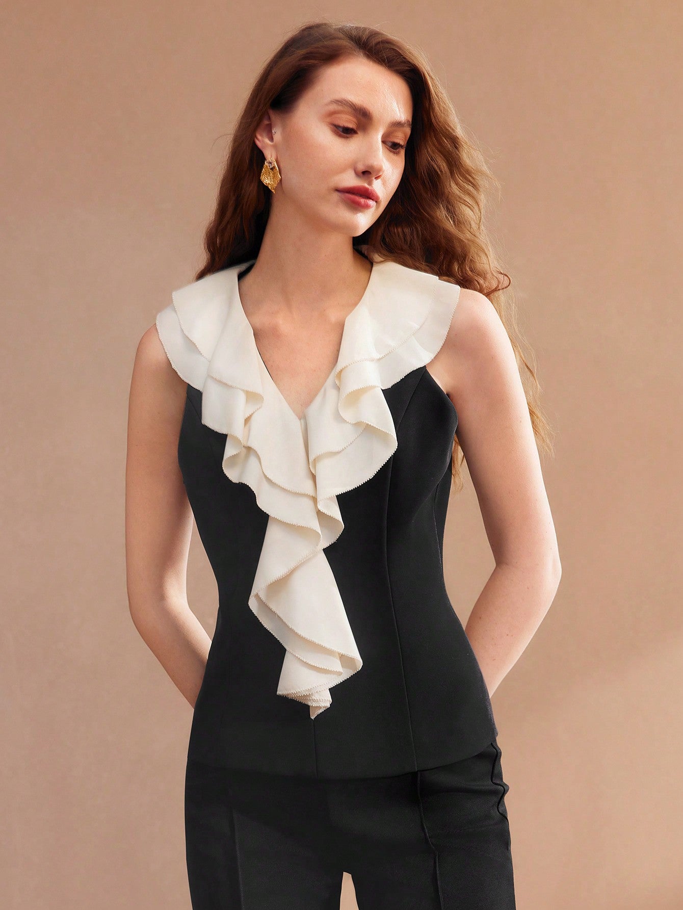 CM-TS992378 Women Elegant Seoul Style Two Tone Ruffle Trim Sleeveless Blouse