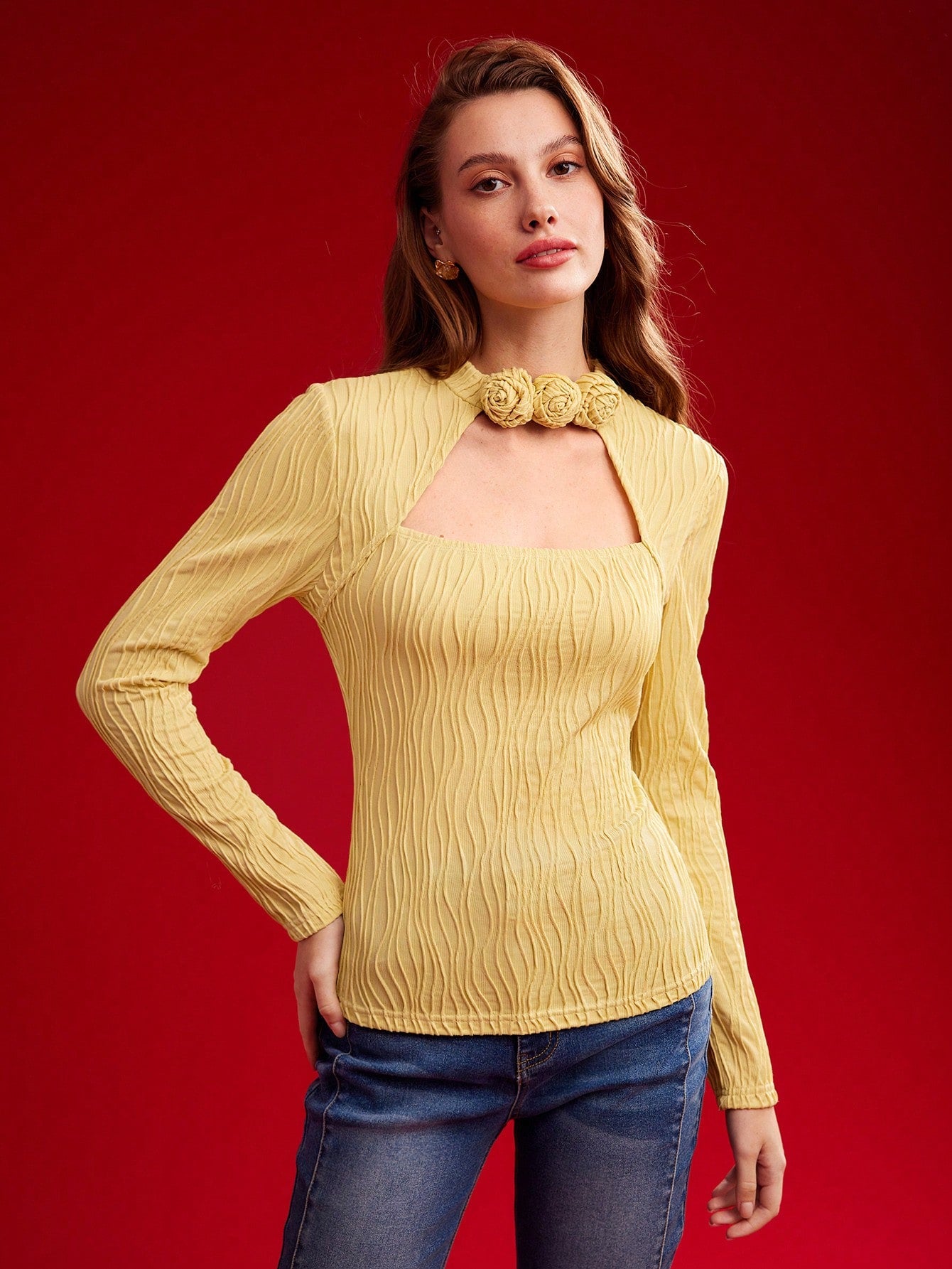 CM-TS043607 Women Elegant Seoul Style Mock Neck Cut Out Front Slim Tee - Yelllow