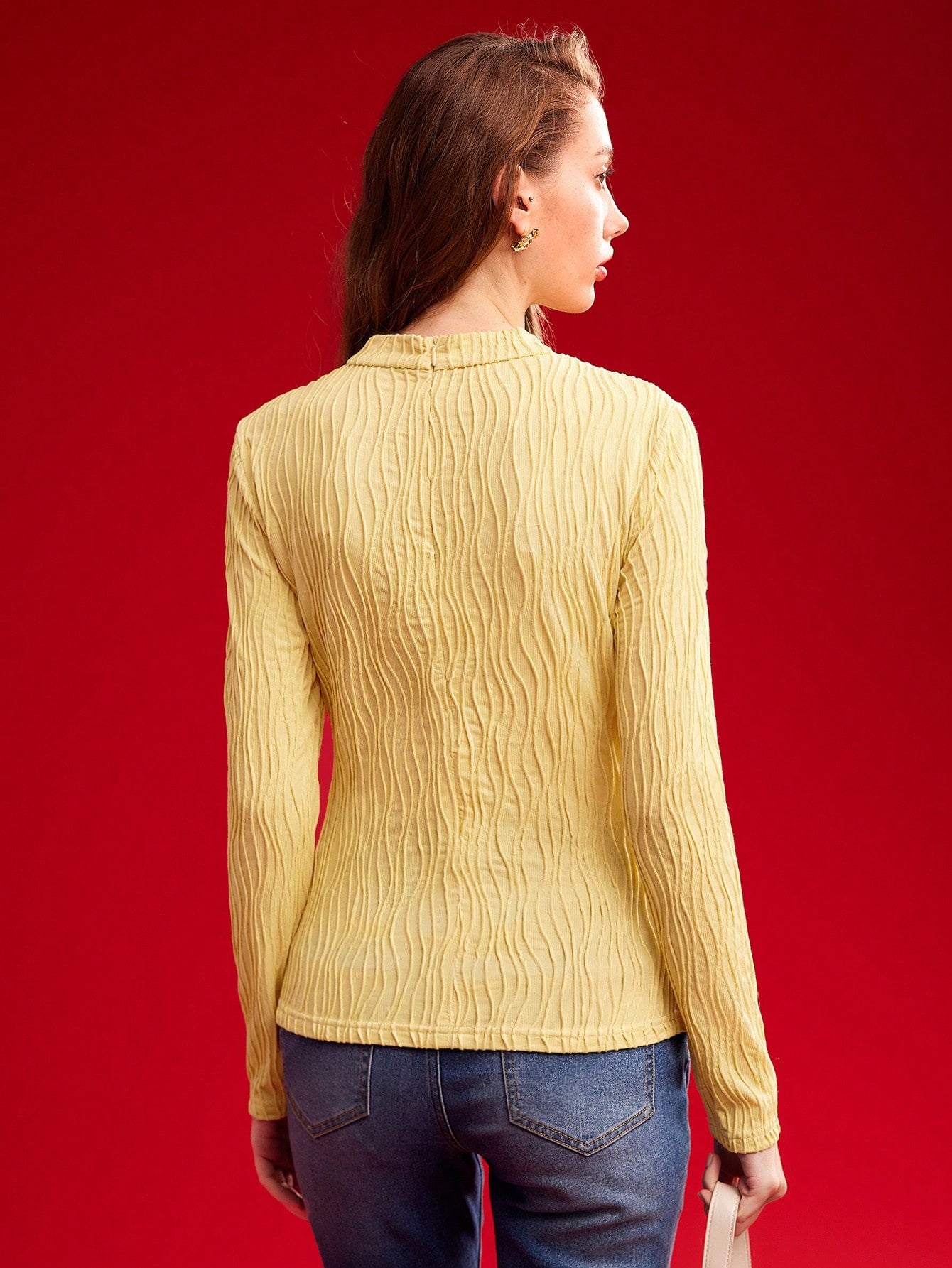 CM-TS043607 Women Elegant Seoul Style Mock Neck Cut Out Front Slim Tee - Yelllow