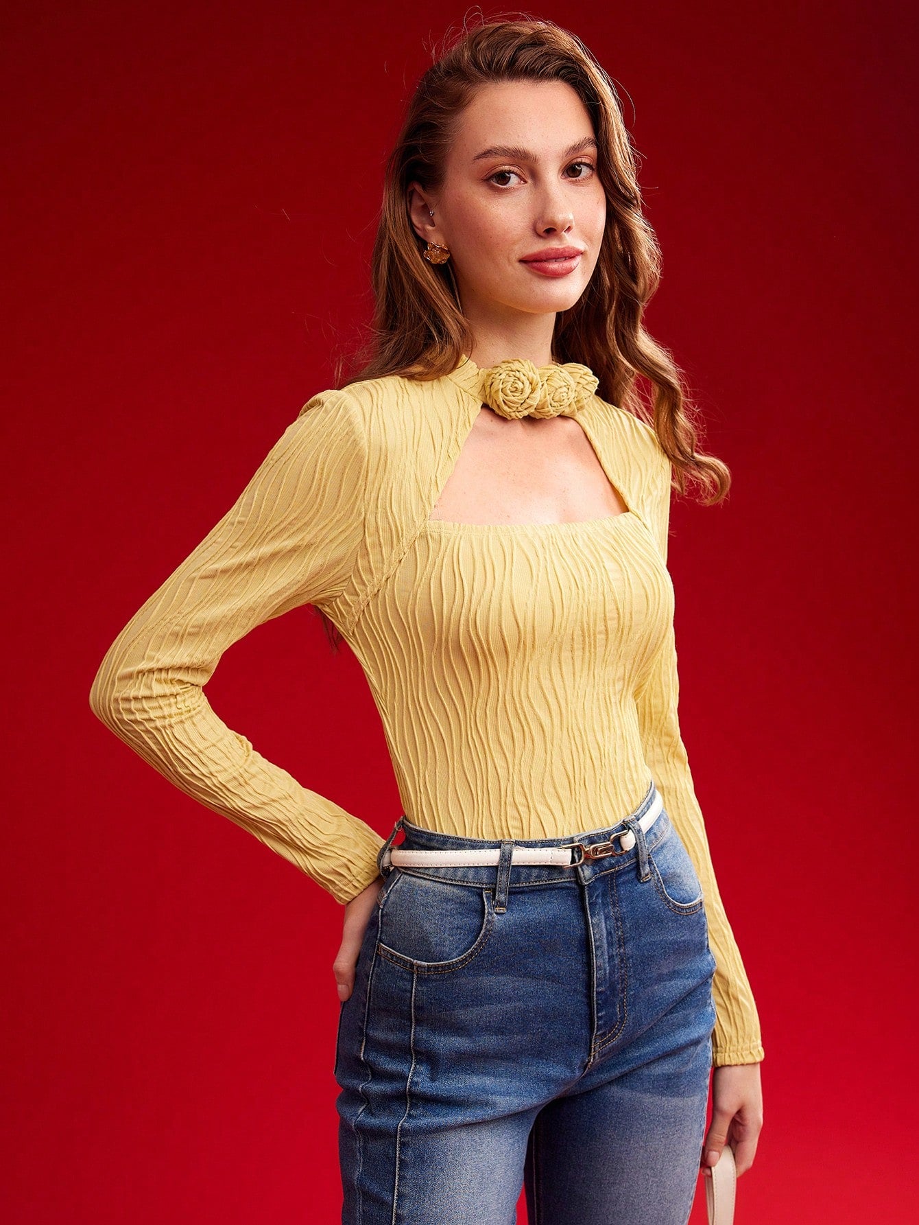 CM-TS043607 Women Elegant Seoul Style Mock Neck Cut Out Front Slim Tee - Yelllow
