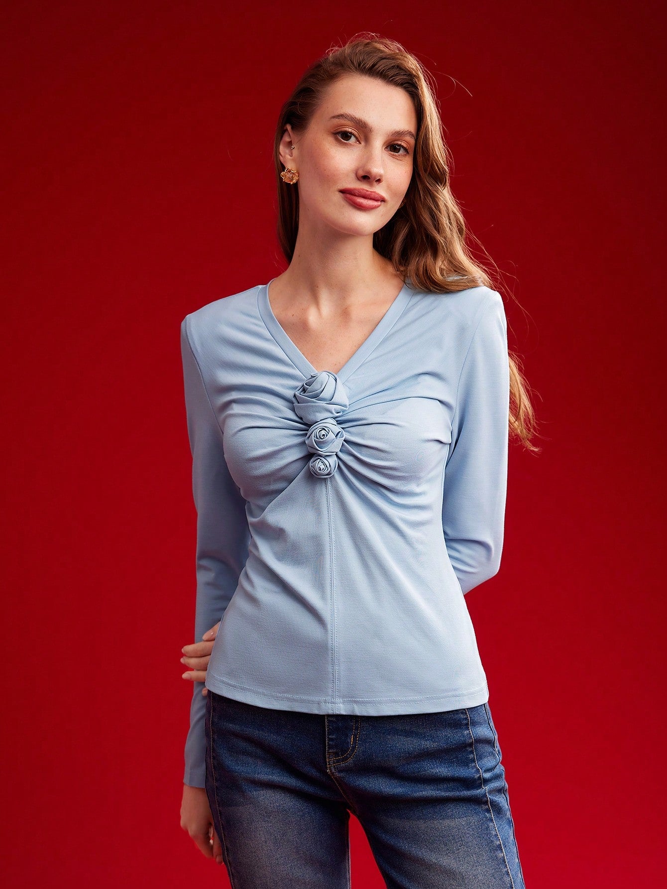 CM-TS214666 Women Elegant Seoul Style V-Neck Solid Ruched Front Long Sleeve Tee