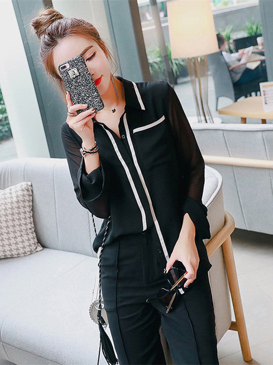 CM-SF030216 Women Casual Flare Sleeve Transparent Top With Long Pants - Set