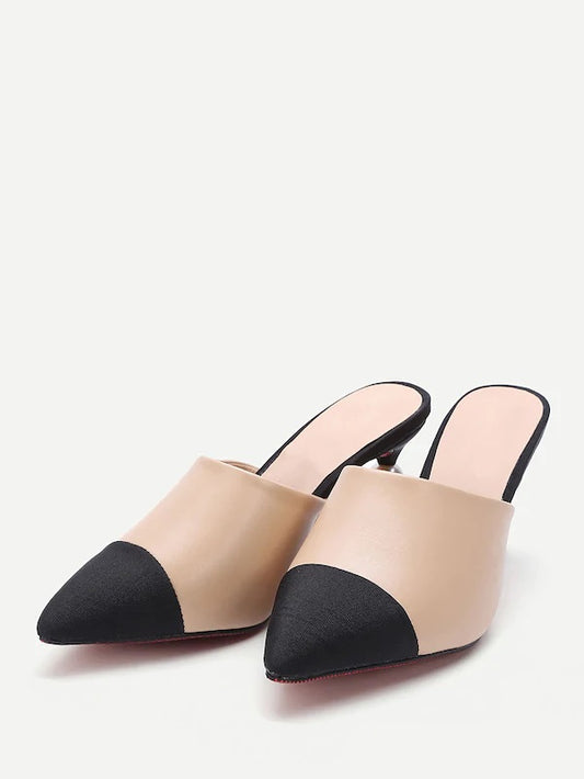 CM-SHS307807 Women Elegant Seoul Style Contrast Point Toe PU Heeled Shoes - Apricot