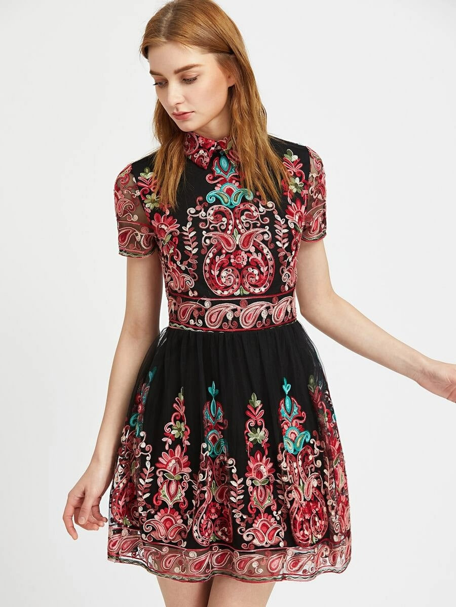 CM-DS315702 Women Elegant Seoul Style Short Sleeve Paisley Embroidered Mesh Overlay Flared Dress