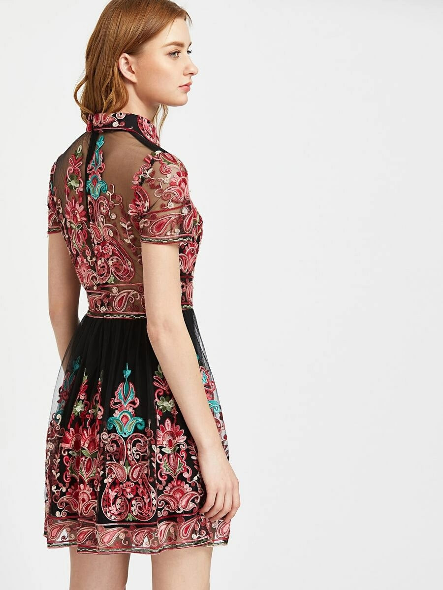 CM-DS315702 Women Elegant Seoul Style Short Sleeve Paisley Embroidered Mesh Overlay Flared Dress