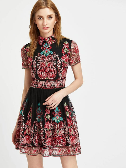 CM-DS315702 Women Elegant Seoul Style Short Sleeve Paisley Embroidered Mesh Overlay Flared Dress