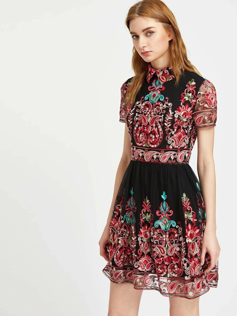 CM-DS315702 Women Elegant Seoul Style Short Sleeve Paisley Embroidered Mesh Overlay Flared Dress