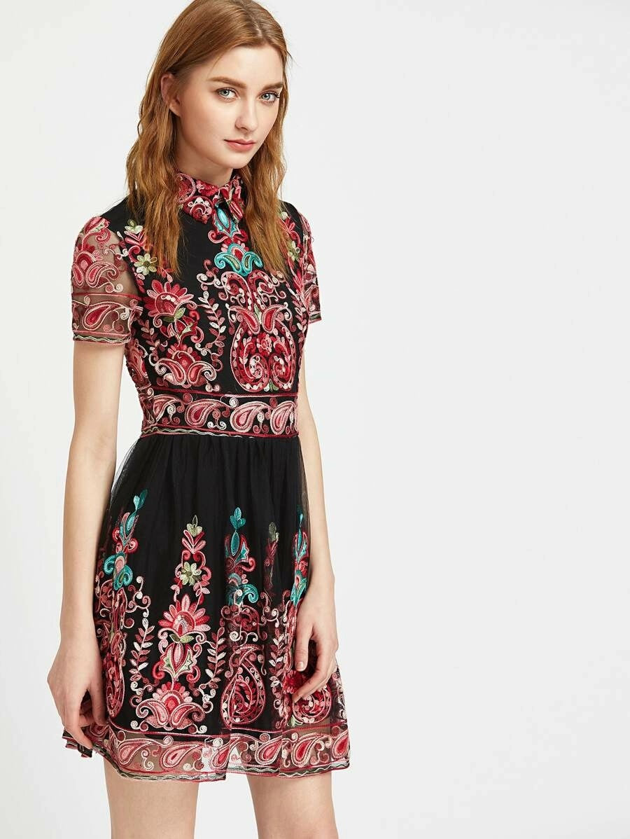 CM-DS315702 Women Elegant Seoul Style Short Sleeve Paisley Embroidered Mesh Overlay Flared Dress