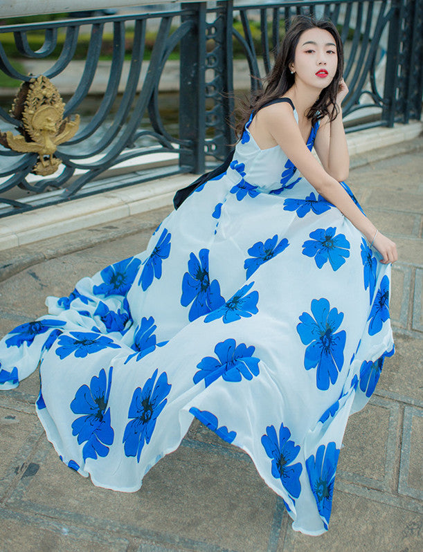 CM-DF052923 Women Casual Bohemian Style Backless V-Neck Floral Long Dress
