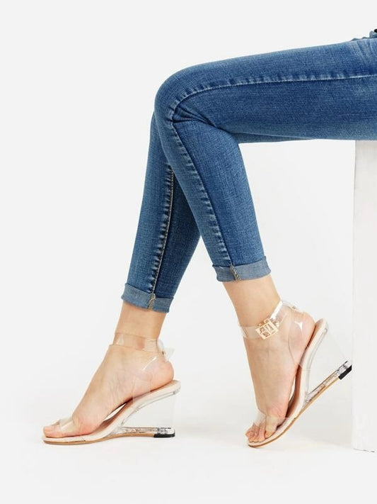 CM-SHS418807 Women Trendy Seoul Style Metal Buckle Strappy Wedge Sandals