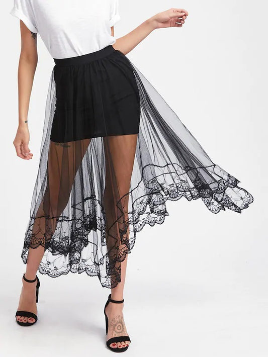 CM-BS509302 Women Casual Seoul Style Hanky Hem Sheer Mesh Overlay Skirt - Black