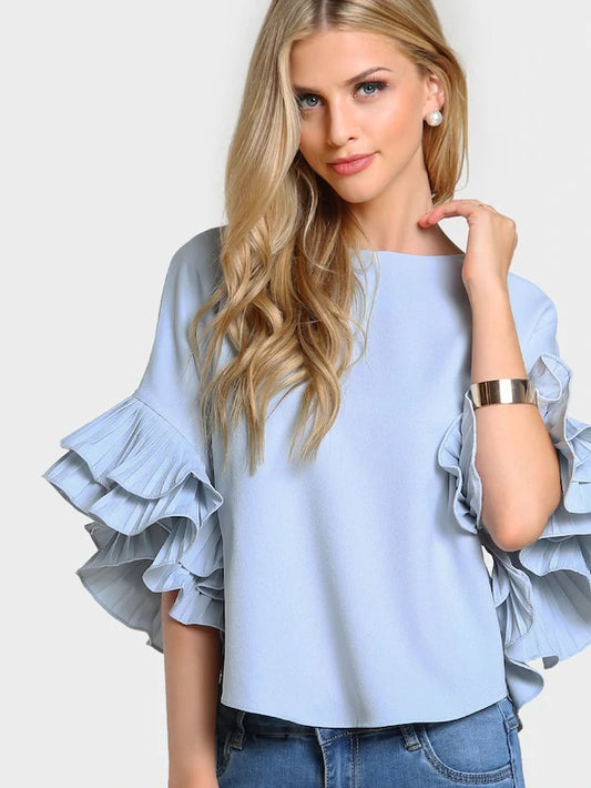 CM-TS230673 Women Casual Seoul Style Pleated Ruffle Sleeve Dolphin Hem Top - Blue