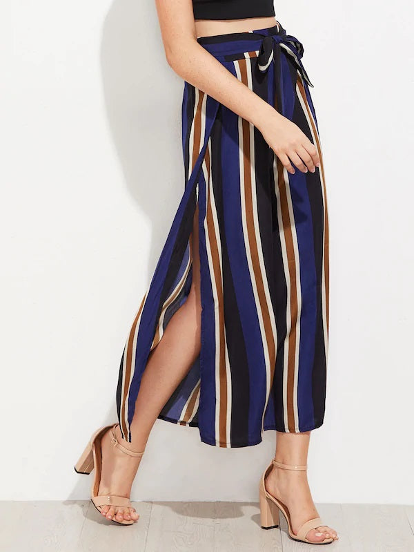 CM-BS620301 Women Casual Seoul Style Vertical Striped Split Side Wide Leg Pants